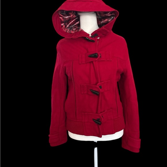 Forever 21 Red Toggle Button Hooded Jacket Women’s Size Small | Plaid Lined Coat - Picture 1 of 8